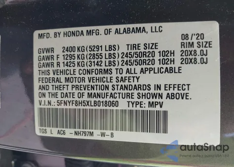 2020 Honda Passport Awd Ex-L z USA, uszkodzony, nr VIN 5FNYF8H5XLB018060